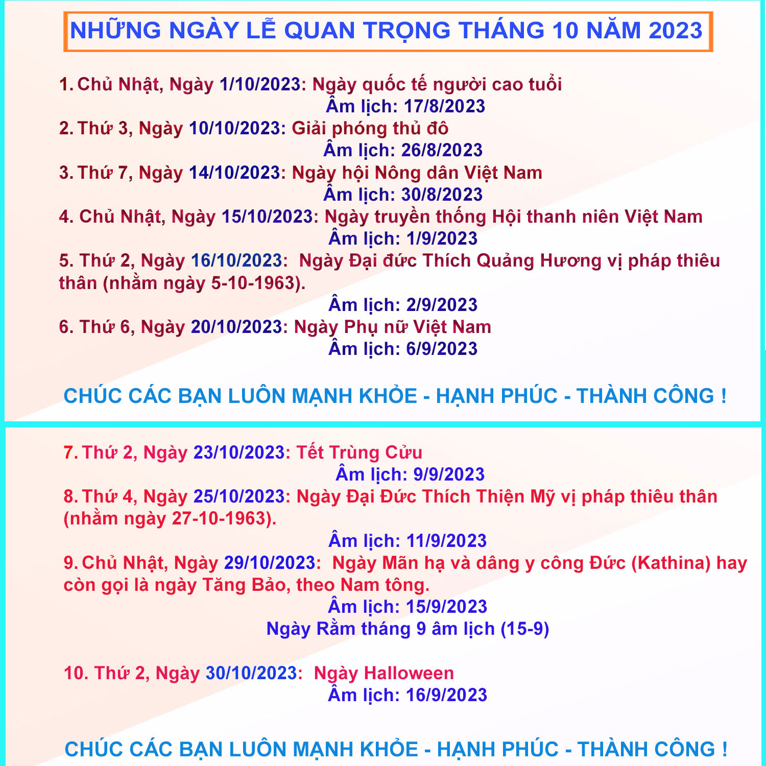 Lịch t10/2023 có gì đặc biệt (Những ngày lễ quan trọng)